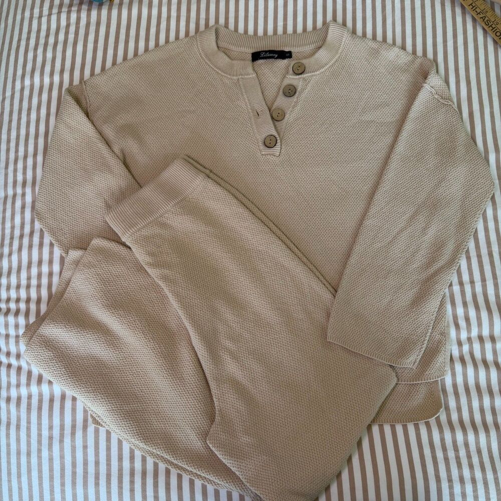 Lillusory Beige Knit Lounge Set Small Wide Leg Pants & Henley Sweater